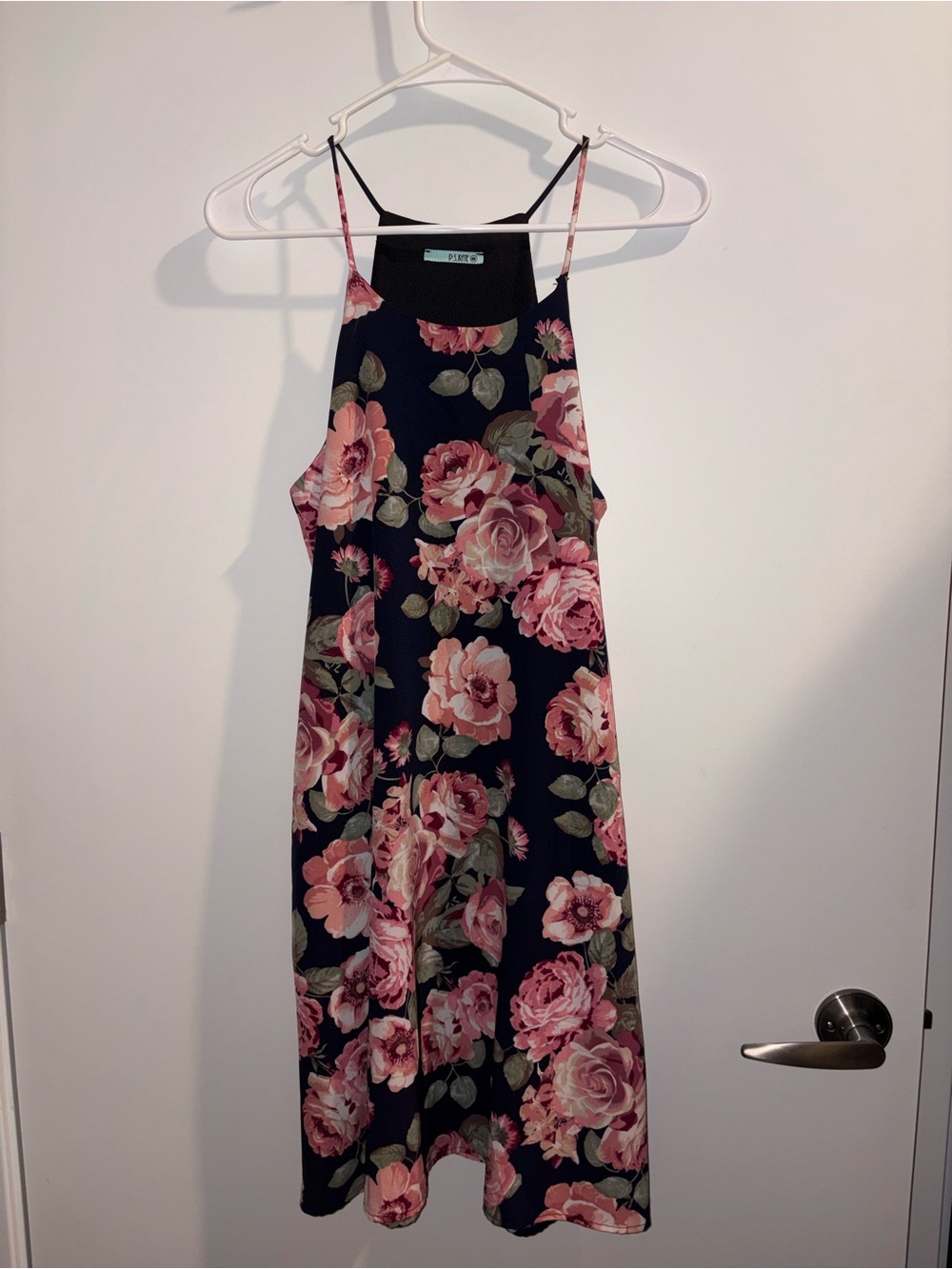 Floral Spaghetti Strap Midi Dress - Navy with Pink Roses